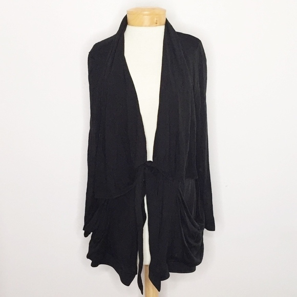 RYU | Black tie waist cardigan w/pockets - Picture 1 of 5